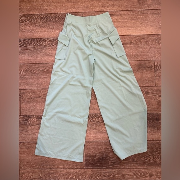 Faeriesty Green Wide Leg Pants Large Pockets Carpenter Style zipper SZ M - Picture 7 of 7
